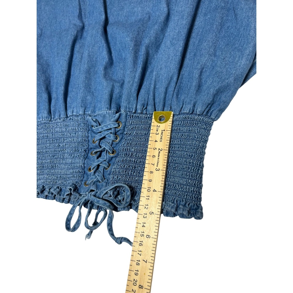 Tea Rose Denim Corset Top Women S Blue Cotton Lace Up Waist Smocked Boho Peasant - Picture 9 of 14